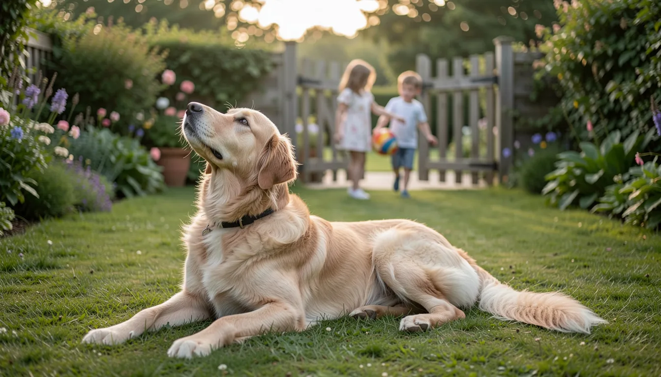 Grand chien au poil doré couché sur la pelouse d'un jardin, la tête levée, pendant que deux enfants jouent au ballon près du portail en fin d'après-midi