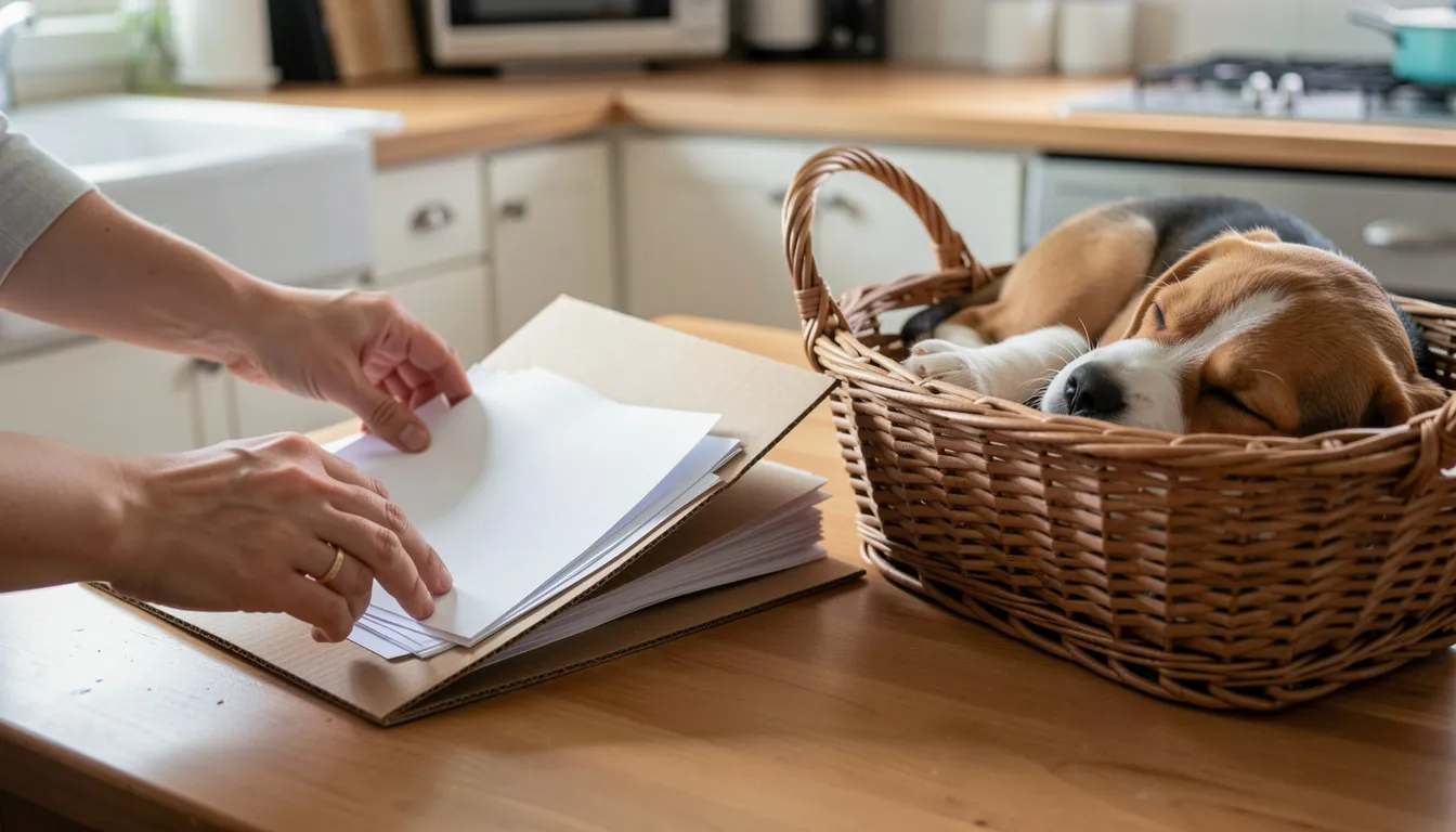 Mains feuilletant une pochette de documents posée sur une table de cuisine, à côté d'un chiot beagle endormi dans un panier